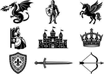 Medieval fantasy heraldry black silhouette collection featuring fire breathing dragon, knight, pegasus unicorn, queen, castle fortress, royal crown, and weapons vector. © MdShakib
