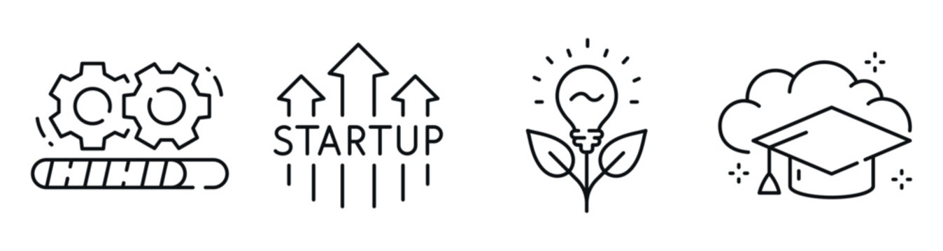 Startup growth and innovation icons in linear style layout. Editable stroke
