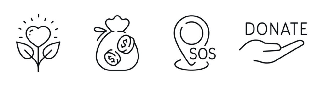 Donation icons representing charity fundraising and emergency aid. Editable stroke
