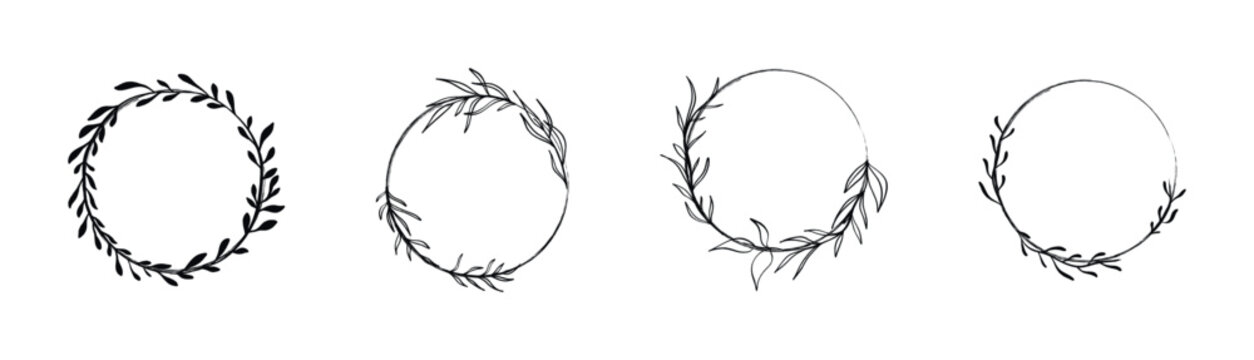 Hand-drawn botanical circular frames with delicate leaves and branches