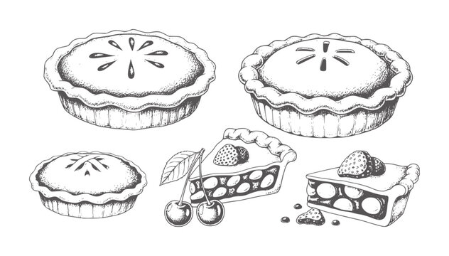 Hand drawn pies and fruit slices with cherries and strawberries cherry strawberry