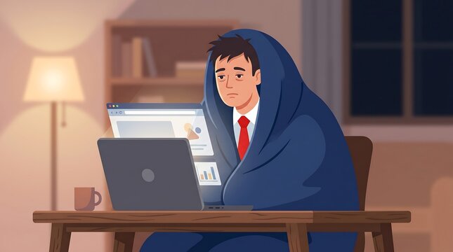 A cartoon illustration of an exhausted man wrapped in a blanket working on his laptop late at night with dark circles under his eyes.