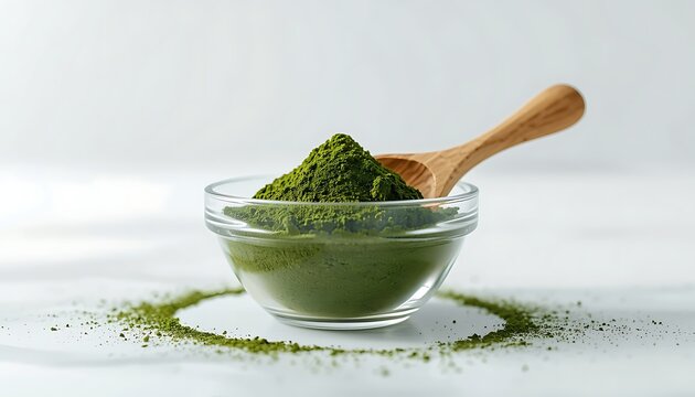 A wooden spoon rests beside a bowl filled with vibrant green matcha or spirulina powder on a light surface