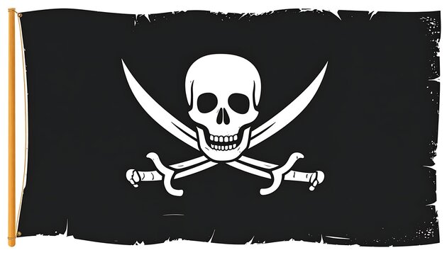 A black pirate flag with a white skull and crossed swords