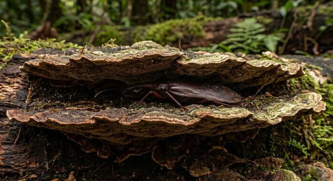 Flat violin beetle hiding between layers of bracket fungi in nature