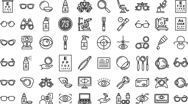 Optometry and ophthalmology line icon set featuring eyeglasses contact lenses eye test charts and vision care equipment vector illustrations isolated on white background.