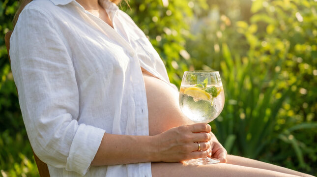 Pregnant woman relaxing outdoors with a lemonade in summer sun  