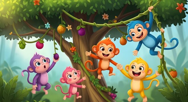 Vibrant cartoon monkeys frolic playfully among lush jungle trees, swinging on vines and reaching for colorful fruits in a cheerful, animated forest scene