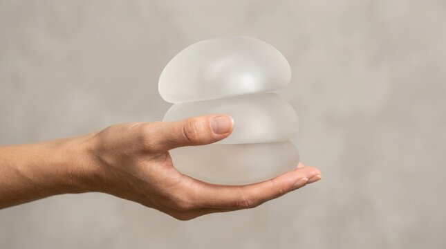 A hand holding silicone breast implants for plastic surgery consultation illustration