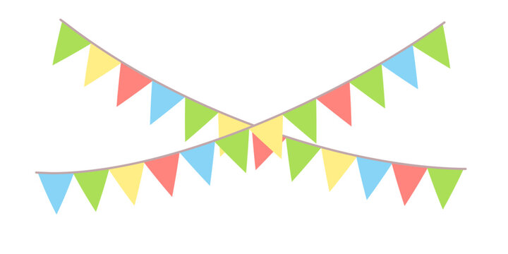 Garland colorful bunting flags on string for birthday party decoration, holiday anniversary fabric cute design, modern festive hanging decor. Isolated. Vector illustration