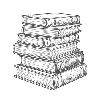 Stack of vintage hardback books in black and white library