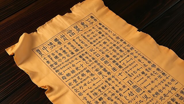Aged Egyptian papyrus scroll with hieroglyphs on a dark wooden table.