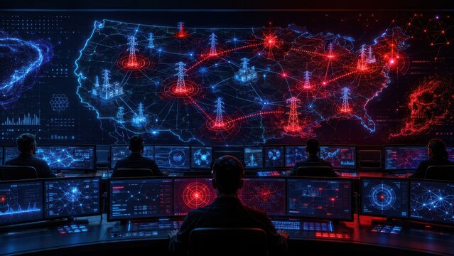 A control room with operators monitoring a digital map of the United States showing interconnected power grids with red and blue data points and network lines.