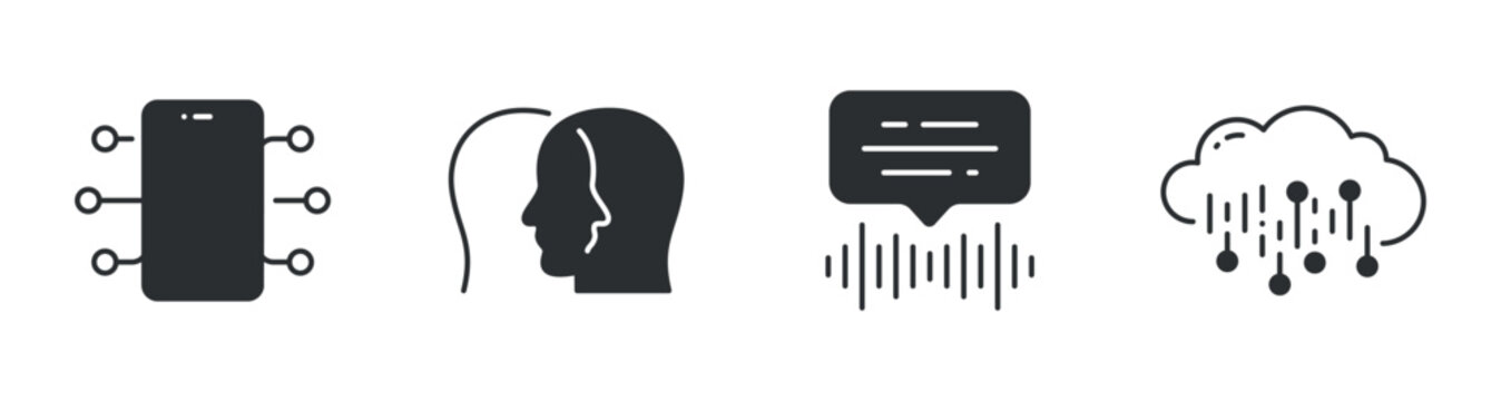 Mobile and ai icons representing voice and cloud connectivity in row. Editable stroke