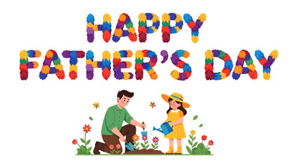 Fototapeta premium Happy Father's Day: A vibrant illustration celebrates Father's Day, depicting a father and child bonding together in a shared activity, watering flowers, and conveying warmth and appreciation.