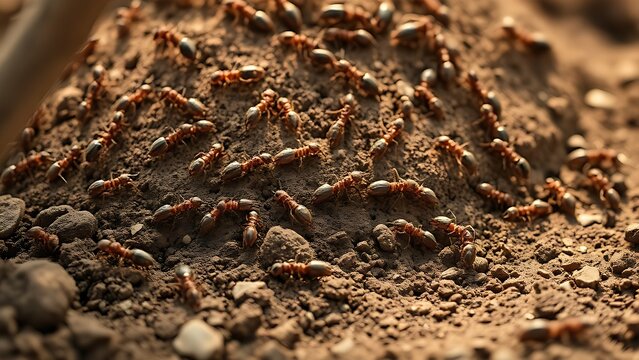 Detailed view of a large anthill with ants moving along paths.