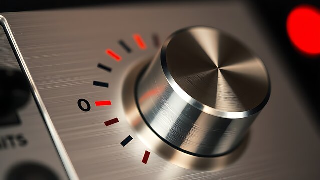 Extreme close-up of a volume knob being turned from low to the maximum red zone.
