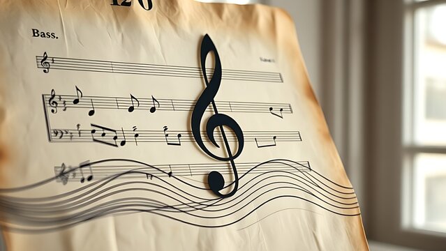 A bass clef symbol on aged sheet music with flowing wave patterns.