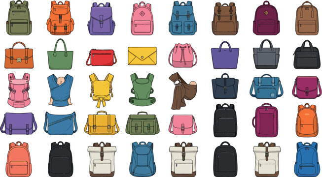 Variety of bags and backpacks vector illustration set featuring rucksacks handbags baby carriers briefcases and travel luggage icons isolated on white background.