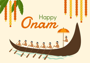 Happy Onam Festival Illustration with Traditional Snake Boat and Floral Decorations © Julia