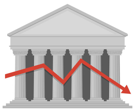 Declining red arrow chart over a classical bank building representing economic recession, stock market failure, financial loss, and institutional instability. (cut out)