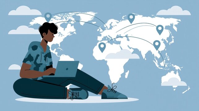A person uses a laptop with a world map in the background showing multiple global locations connected by lines.