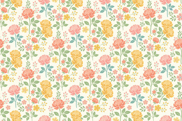 Obraz premium Elegant vintage floral pattern featuring pink roses, yellow blossoms, and green leaves on a soft cream background. Perfect for fabric, wallpaper, and decorative prints.