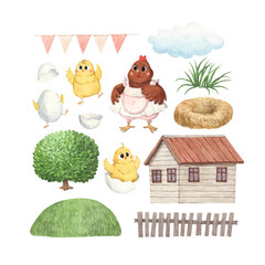 A set of watercolor illustrations featuring a hen and her chicks © Anna Bastron