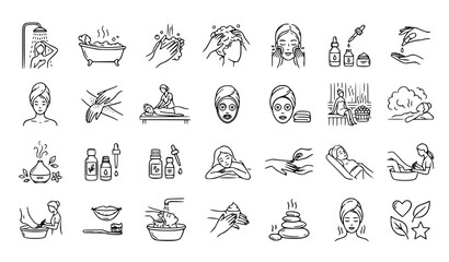 Hygiene and spa wellness hand-drawn line icon set with bathing and massage vector collection