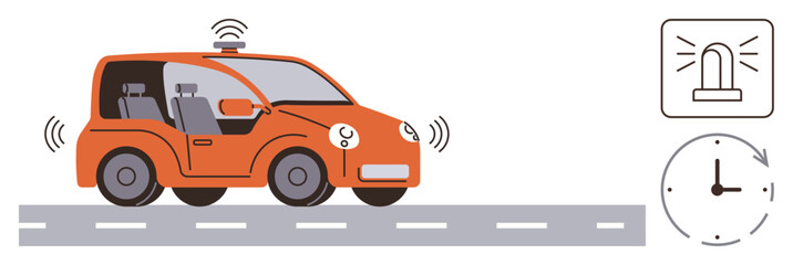 Naklejka premium Autonomous driving, transportation technology, smart mobility, innovation, future vehicles, safety systems. Orange self-driving car with sensors. Autonomous driving and transportation technology