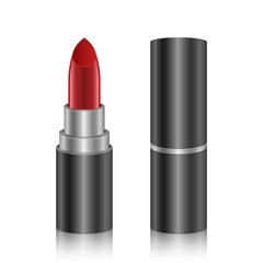 Obraz premium Crimson lipstick with sleek gray packaging sitting on reflective surface