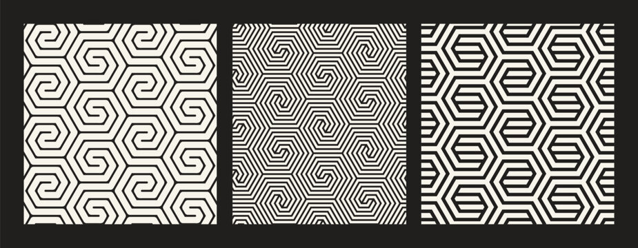 Vector seamless patterns set. Versatile essential ornaments. Geometric backgrounds. Hexagonal striped bold and linear designs. Regular monochrome swatches. Basic versatile tileable grids.