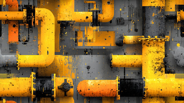 Vibrant industrial pattern featuring interconnected yellow and black pipes with grunge texture, creating dynamic mechanical design