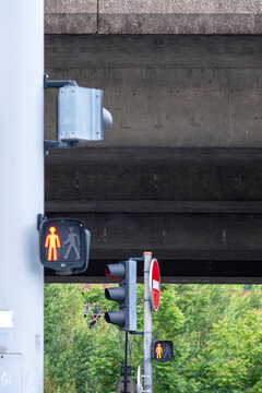 under a concrete bridge, a red pedestrian traffic light and signal pole mark the street intersection in an urban corridor with layered signs