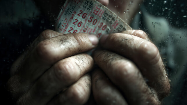 Anxious hands clutching lottery ticket, numbers blurring slightly due to rapid breathing, high tension, close up view, emotional moment, anticipation