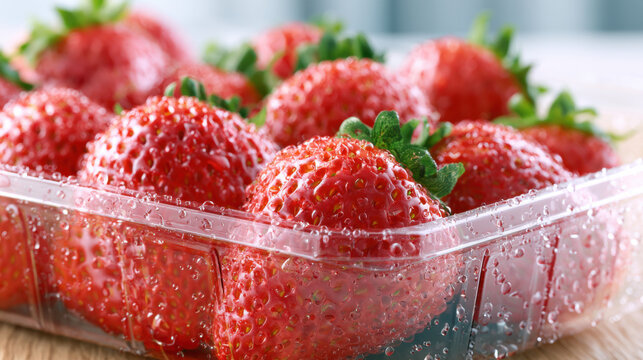 Strawberries sit in a clear plastic container. Water droplets cover their surface. The container is on a wooden table. Sunlight shines on the strawberries