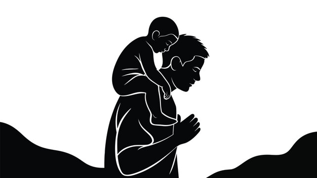 Silhouette illustration showing adult carrying child on shoulders with abstract wavy background symbolizing care, support, connection, and generational bond