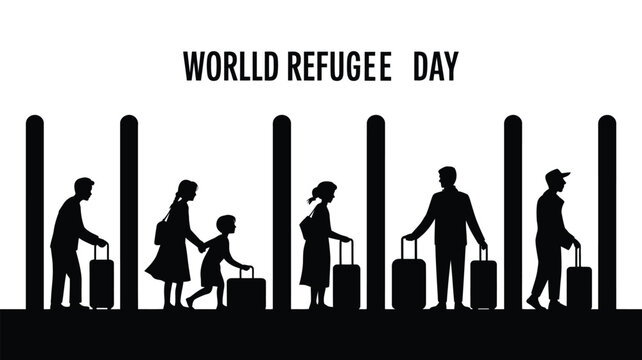 World Refugee Day illustration showing silhouettes of displaced people walking with luggage symbolizing migration, resilience, and global humanitarian awareness