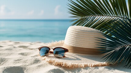 Fototapeta premium Straw sun hat and brown sunglasses resting on white sandy beach with palm leaf and calm blue ocean in background showing relaxing summer tropical vacation