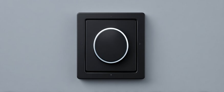 Contemporary black dimmer switch on gray background for smart home automation and decor.
