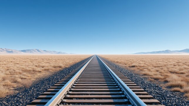 Straight train tracks through a vast arid landscape