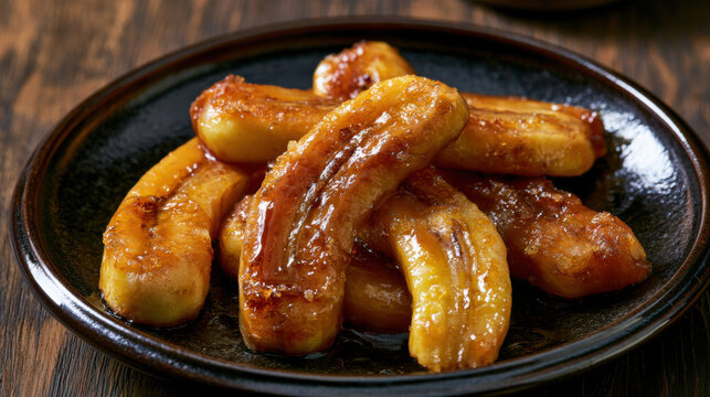 Cooked bananas are arranged neatly on a dark plate. This food is likely prepared in a kitchen, ready to be enjoyed as a snack or part of a meal during the day