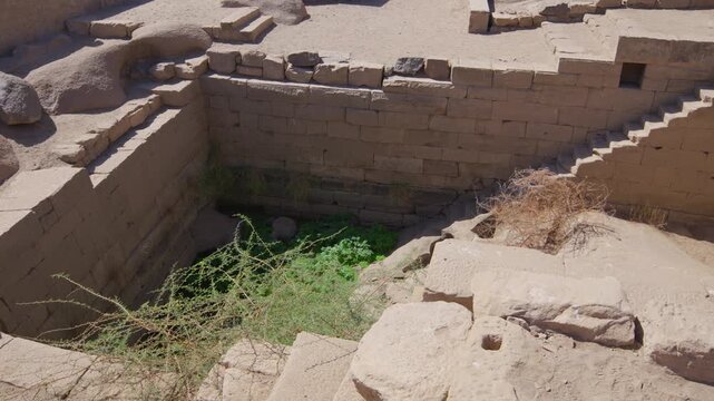 Ancient Nilometer well with green plants growing inside stone walls at Elephantine Island, Aswan, Egypt, surrounded by scattered granite boulders and archaeological ruins.