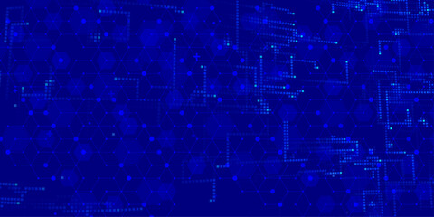 Obraz premium Blue hexagon medical and technology network background, molecular structure pattern with digital data for healthcare, chemistry and science design