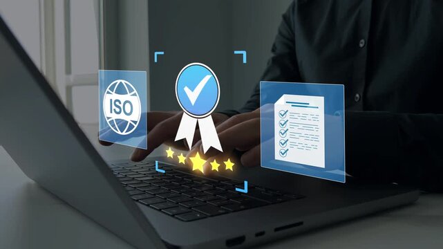 Quality assurance and premium business certification concept with checkmark badge, validation process and five star rating on digital interface. Professional service and trusted standards.