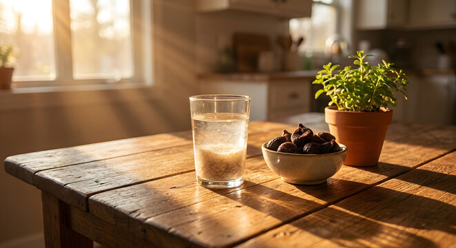Glass of fiber supplement drink with figs on sunny kitchen table