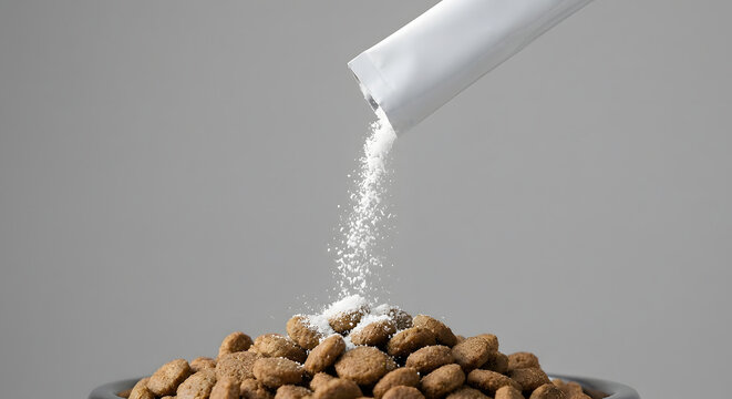 White supplement powder pouring from sachet onto dry cat food