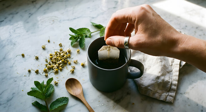 Aerial view of hand placing tea bag into mug on marble table