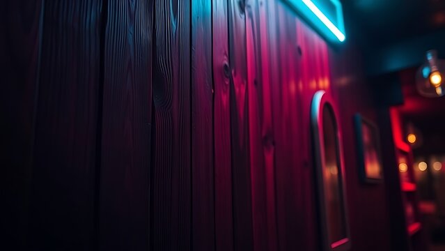 Neon lights casting a glow on a rustic wooden wall, creating an atmospheric bar ambiance.