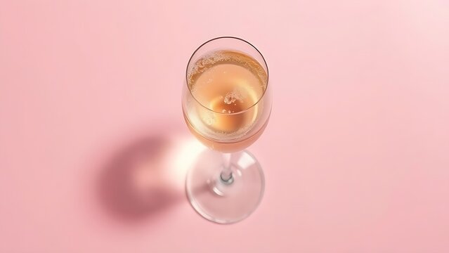 Elegant sparkling wine glass on a pink pastel background with rising bubbles.